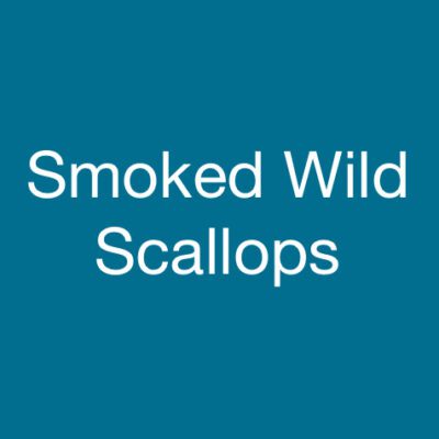 Smoked wild scallops text on blue background.