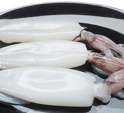 Three fresh squid on black plate.