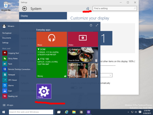 Windows 10 Display Settings Pinned to Start menu