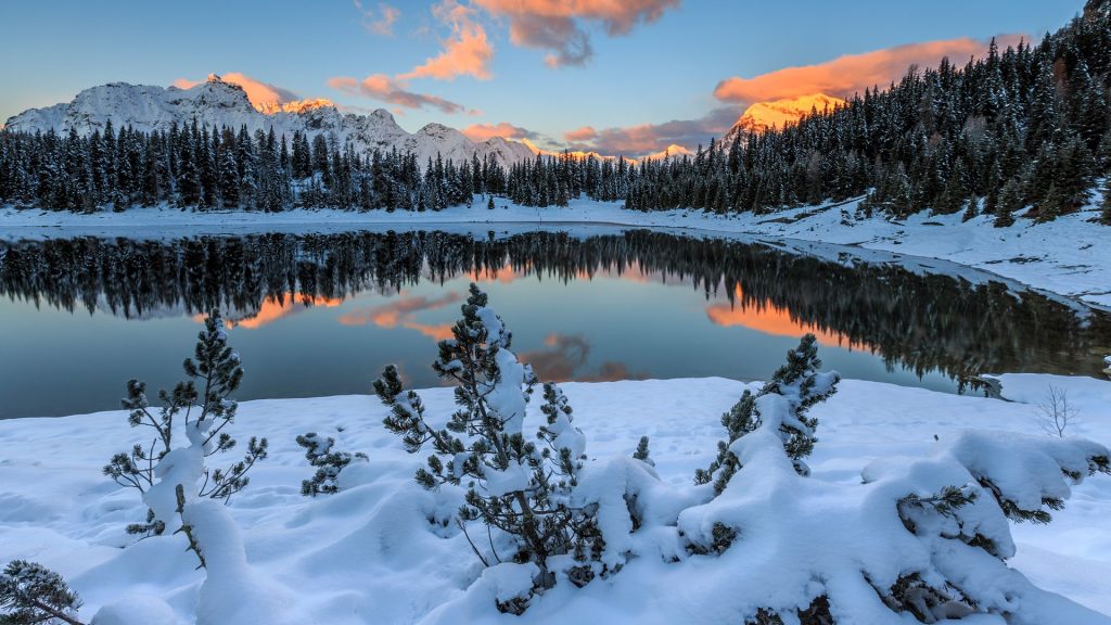 Colorful winter sunrise on Lake Palù, Malenco Valley, Valtellina, Lombardy, Italy