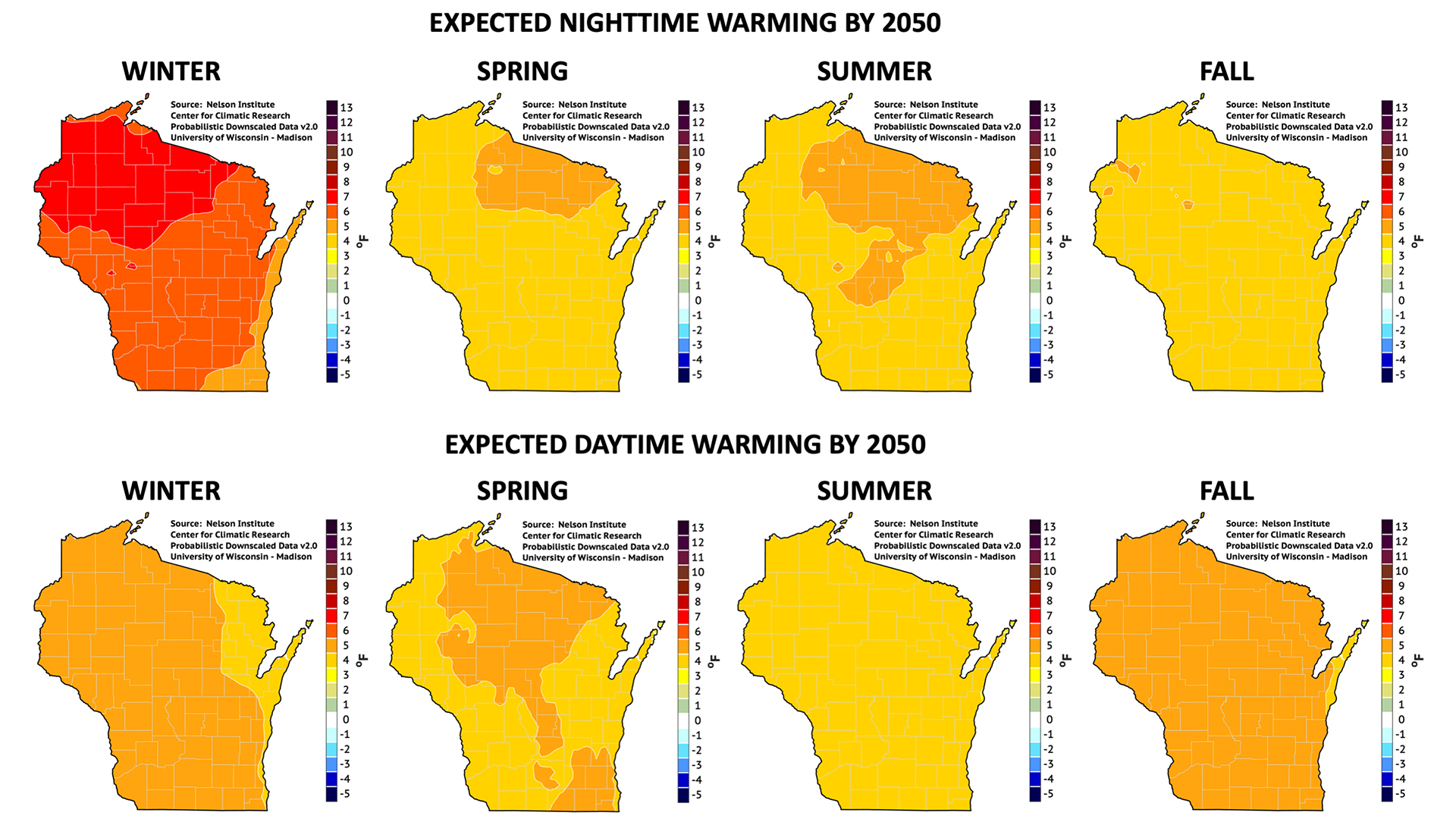 A series of eight maps shows the expected nighttime and daytime warming in Wisconsin by 2050.