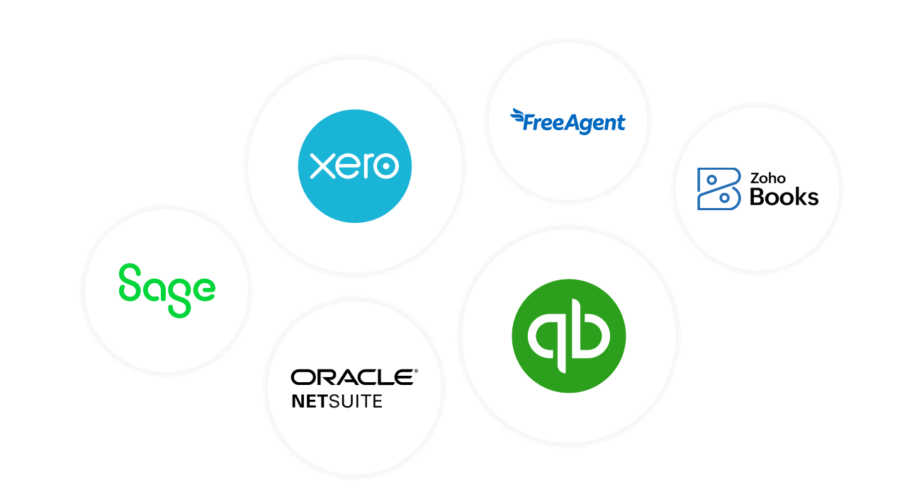 Logos for Oracle Netsuite, Quickbooks, Zoho Books, FreeAgent, Sage, Xero.