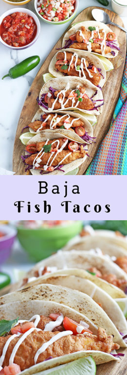 Beer-Battered Baja Fish Tacos recipe: white fish inside a warm tortilla with a chipotle lime crema for an island-inspired recipe that will make you feel like you’re on vacation!