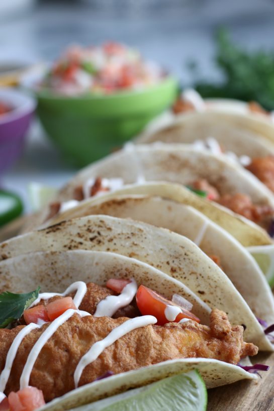 Close-up photo of beer-battered Baja Fish Tacos recipe: 