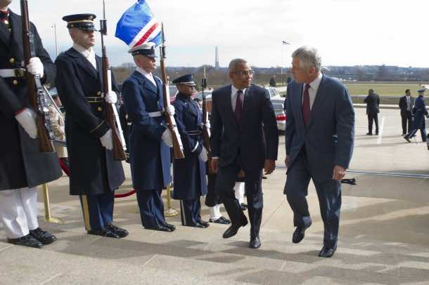 130328-D-TT977-063	Secretary of Defense Chuck Hagel, right, escorts Cape Verde Prime Minister Jose Maria Neves through an honor cordon and into the Pentagon on March 28, 2013.  Hagel also welcomed Sierra Leone President Bai Koroma and President of Malawi Joyce Banda for joint meetings.  DoD photo by Petty Officer 1st Class Chad J. McNeeley, U.S. Navy.  (Released)