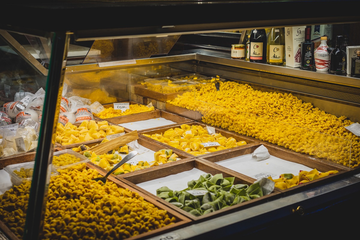 Trays of freshly made pasta for sale in Bologna, Italy