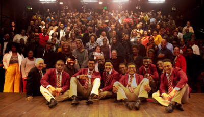 The cast of &quot;Choir Boy&quot; with the audience at SpeakEasy Stage's Black Out production in October 2019. (Courtesy Front Porch Arts Collective)