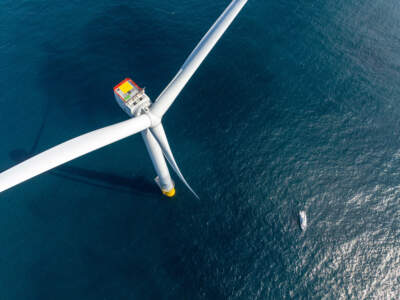 A wind turbine in the Vineyard Wind offshore wind site near the coast of Martha’s Vineyard in Mass. on Monday, Sept. 16, 2024. (David Lawlor/Rhode Island PBS)