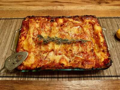 Spinach, sausage and ricotta lasagna. (Kathy Gunst/Here & Now)