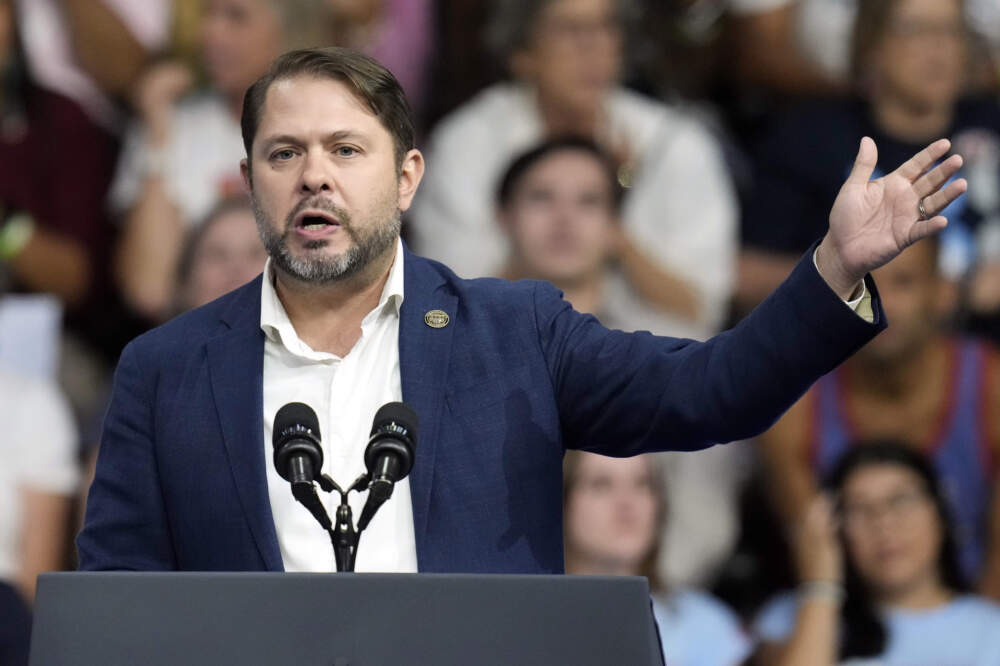 Rep. Ruben Gallego, D-Ariz., speaks before Democratic presidential nominee Vice President Kamala Harris and Democratic vice presidential nominee Minnesota Gov. Tim Walz at a campaign rally at Desert Diamond Arena, Friday, Aug. 9, 2024, in Glendale, Ariz. (Ross D. Franklin/AP)