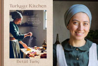 The cover of &quot;Turkuaz Kitchen&quot; beside author Betül Tunç. (Courtesy of Naomi Lennon)