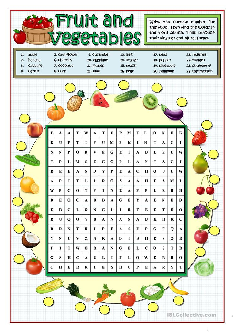 Fruit And Vegetables Wordsearch - English Esl Worksheets For