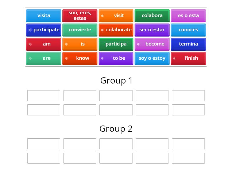 Group exercise. Arrastra al grupo 1 el verbo en presente en ingles, en ...