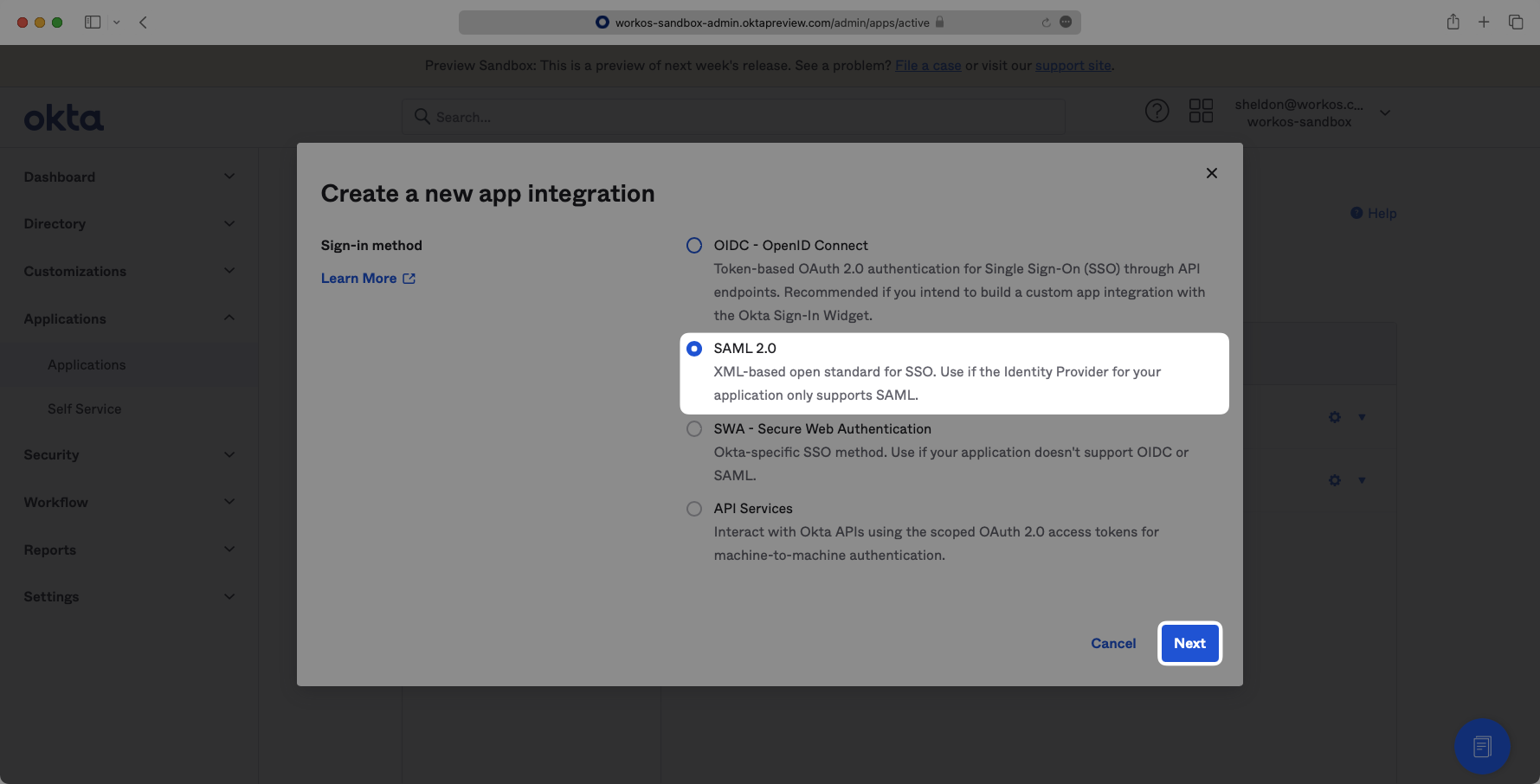 A screenshot showing the sign-in method selection in the Okta Dashboard.