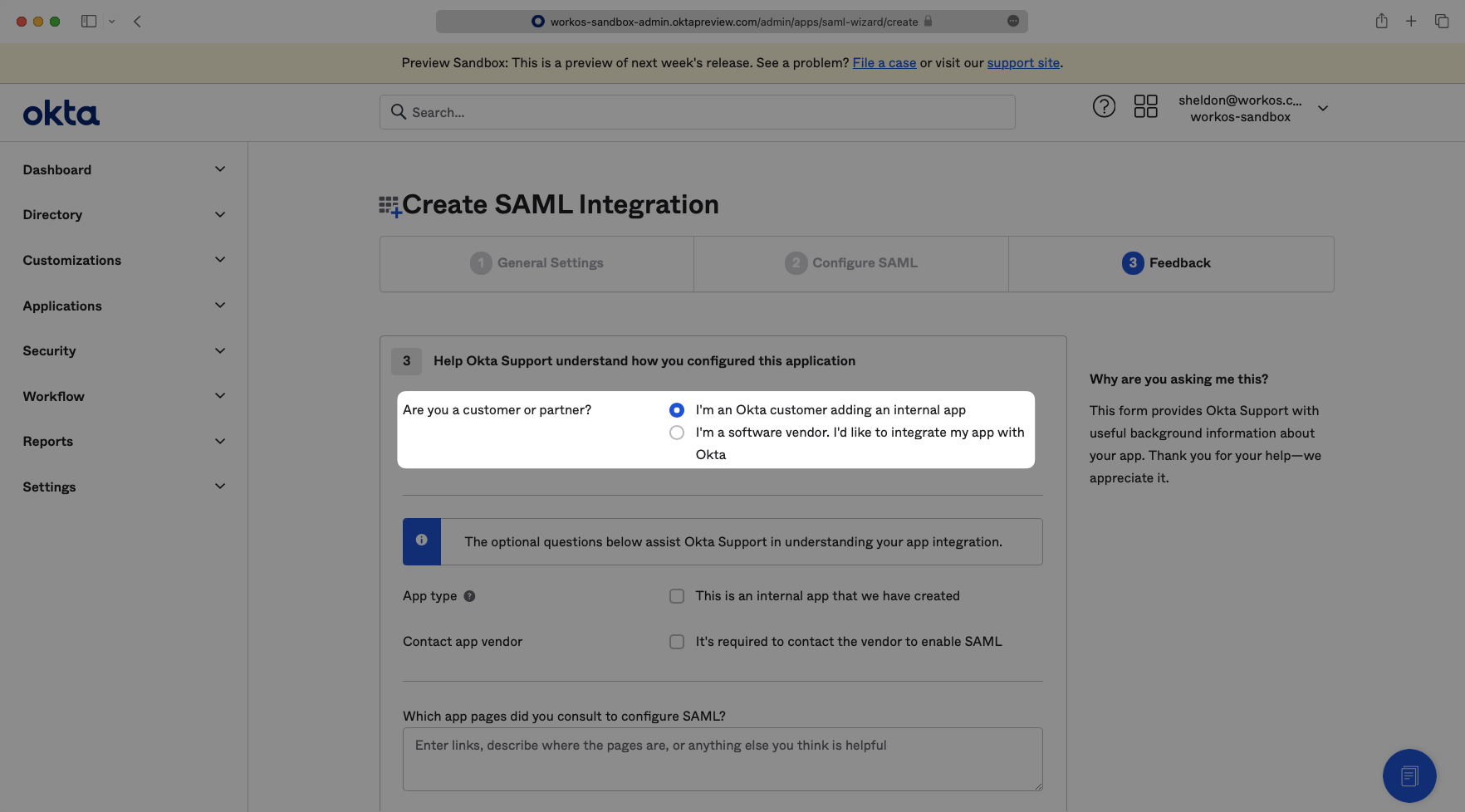 A screenshot showing where to submit application feedback in the Okta Dashboard.