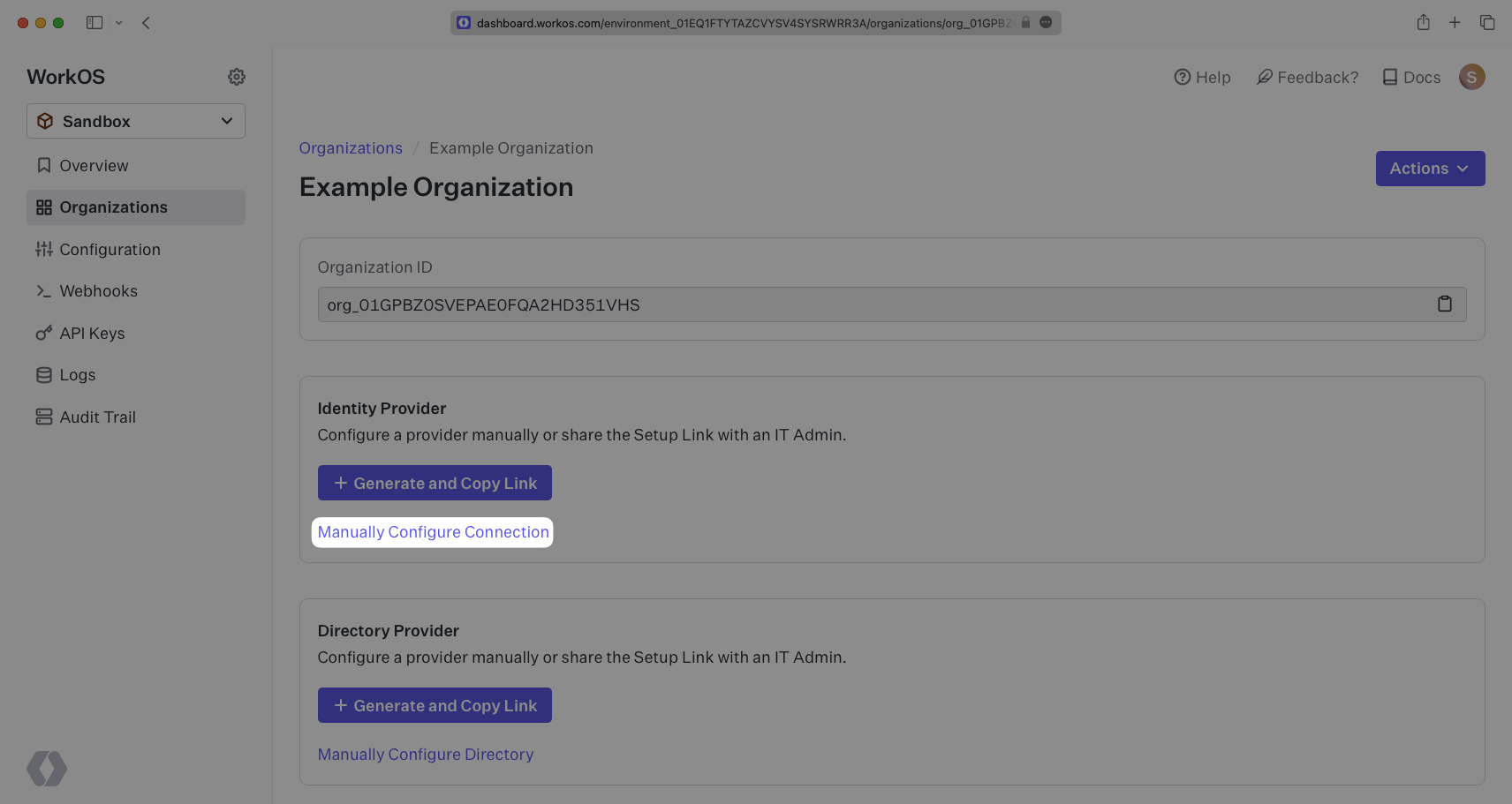 A screenshot showing where to find "Manually Configure Connection" in the WorkOS Dashboard.