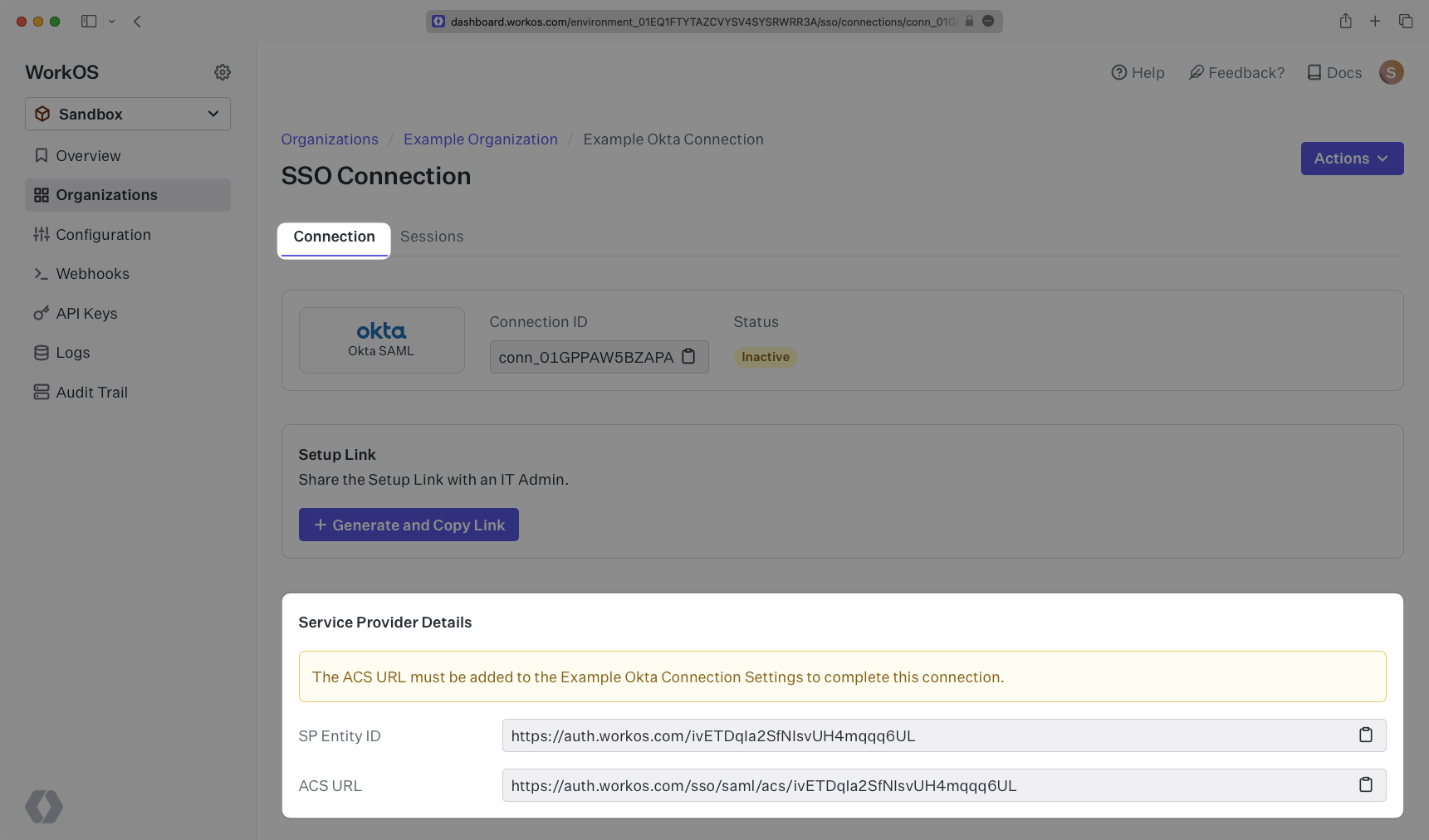 A screenshot showing where to find the ACS URL and SP Entity ID in the WorkOS Dashboard.