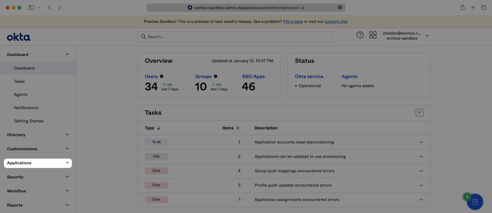 A screenshot showing how to navigate to existing applications in the Okta Dashboard.