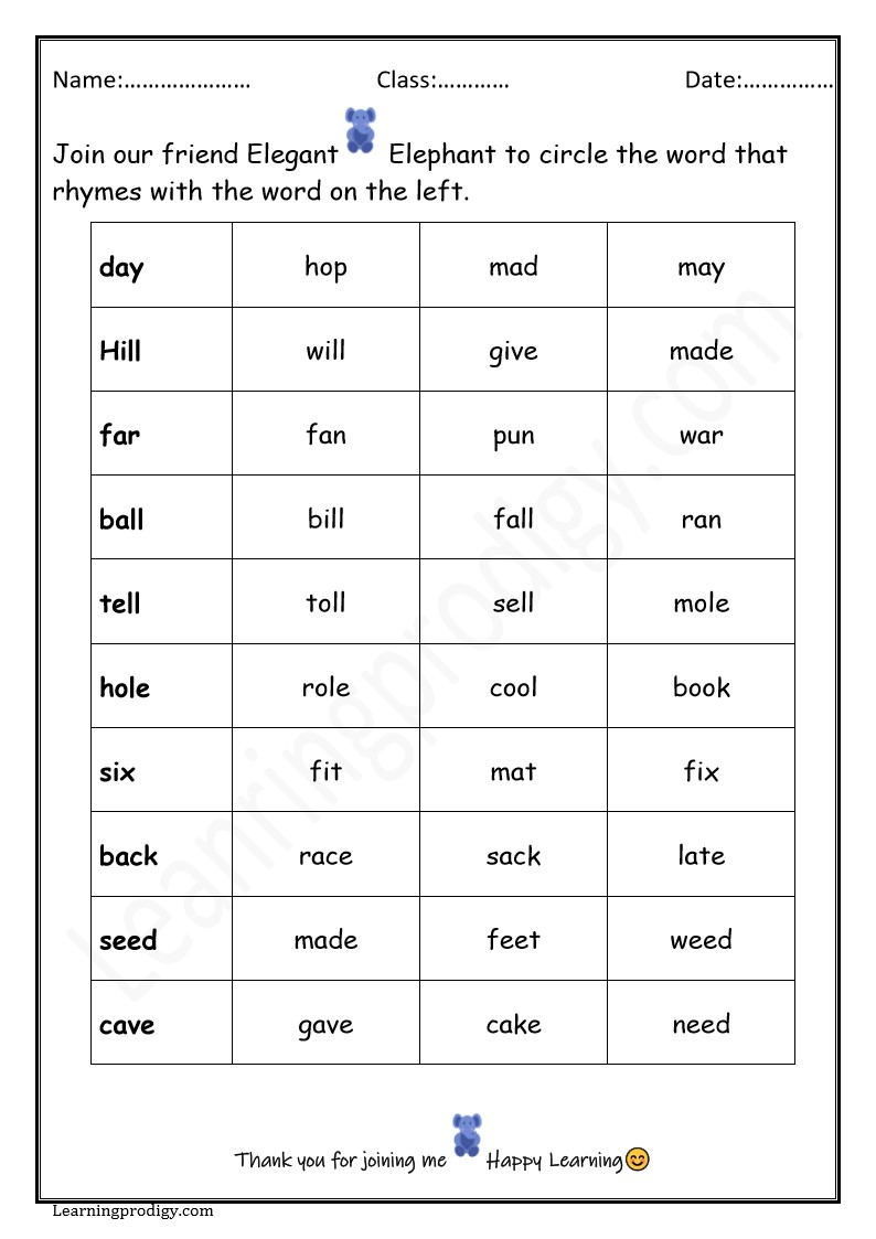 Rhyming Words Activity Sheet For Grade 1