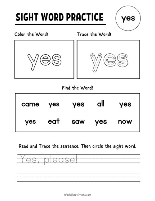 Sight Word Worksheet - Yes | Kindergarten Worksheets Printable