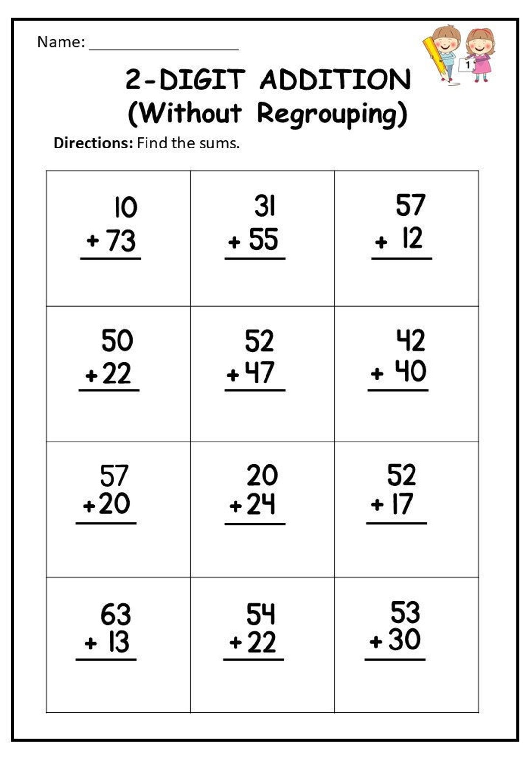 Add Two 2-Digit Numbers without Regrouping: Missing Digits - Math ... image.