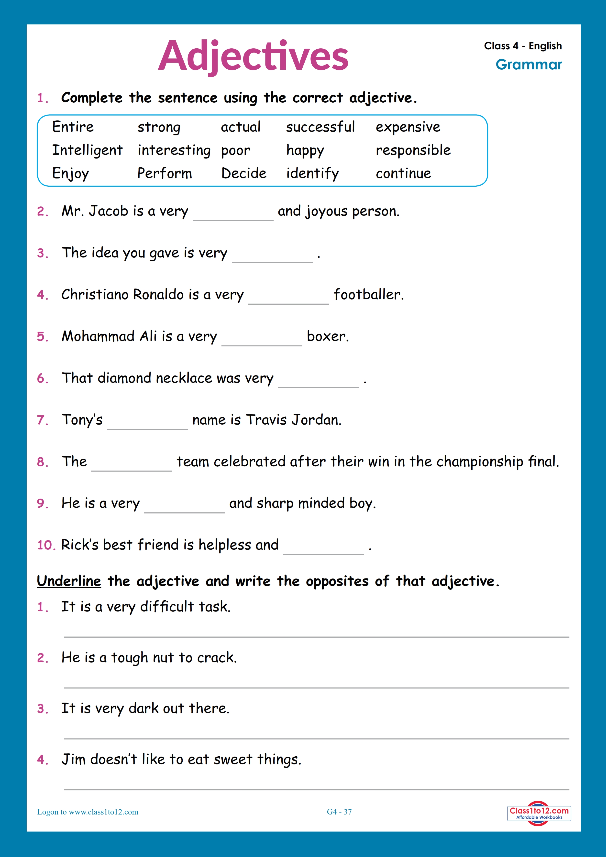 Adjectives Worksheet for Class 4 CBSE NCERT | Class1to12.com ...