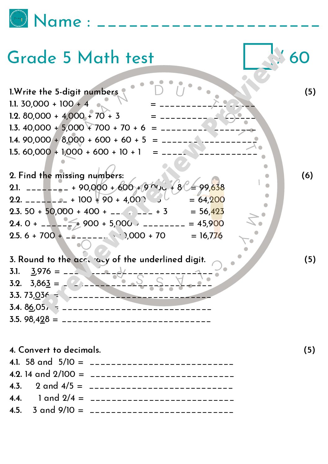 Grade 5 Math test • Teacha! - Worksheets Library