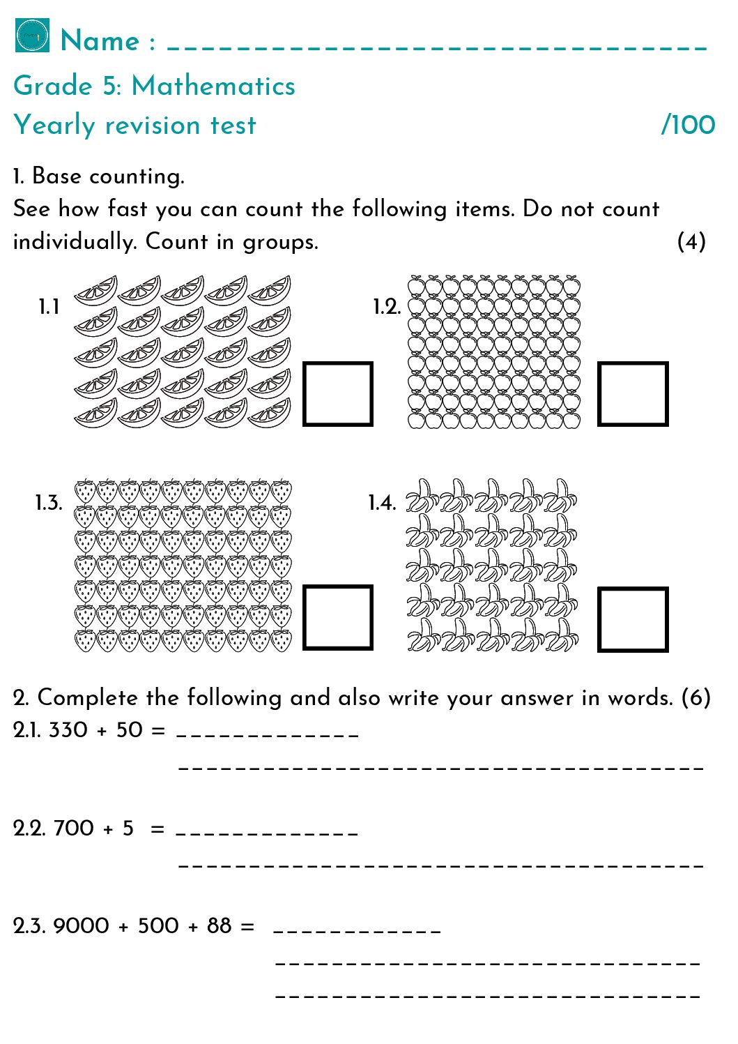 Grade 5 Math revision test • Teacha! - Worksheets Library