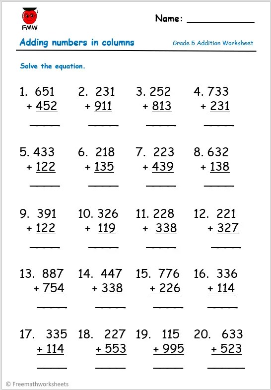 Grade 5 Addition Worksheets | Free Worksheets | Printables - Worksheets ...