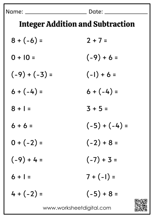 Integer Addition and Subtraction - Worksheet Digital - Worksheets Library