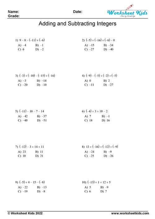 Adding and Subtracting Integers Worksheets for Grades 6-8 - PDF ...