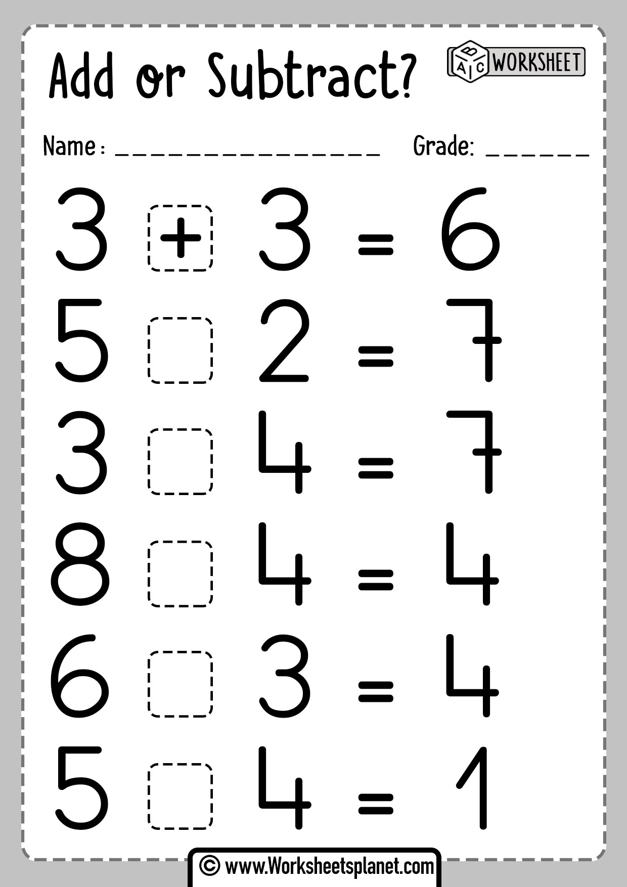 Addition or Subtraction Worksheets - Worksheets Library