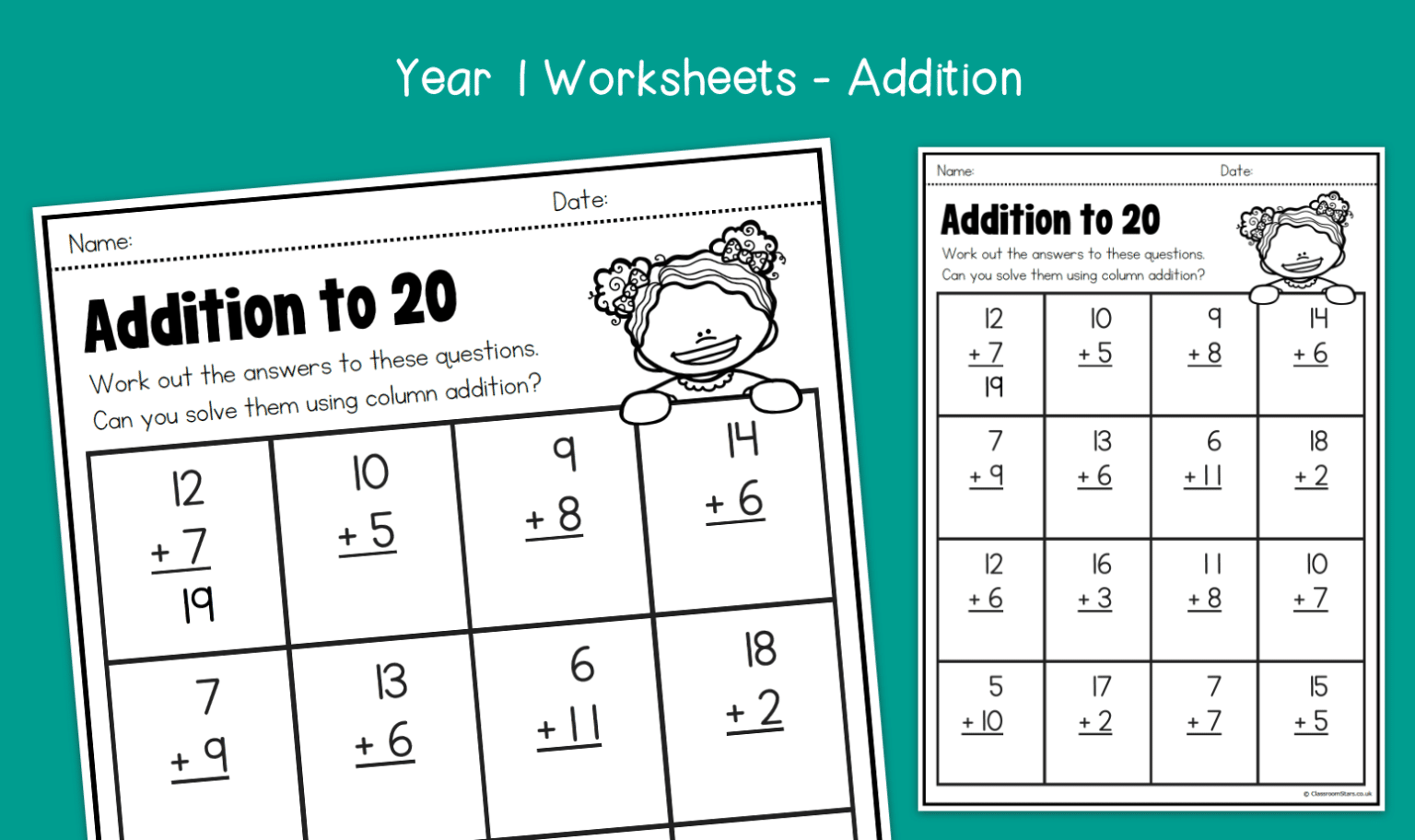 Year 1 | Column Addition to 20 Worksheets | KS1 Addition | Primary ...