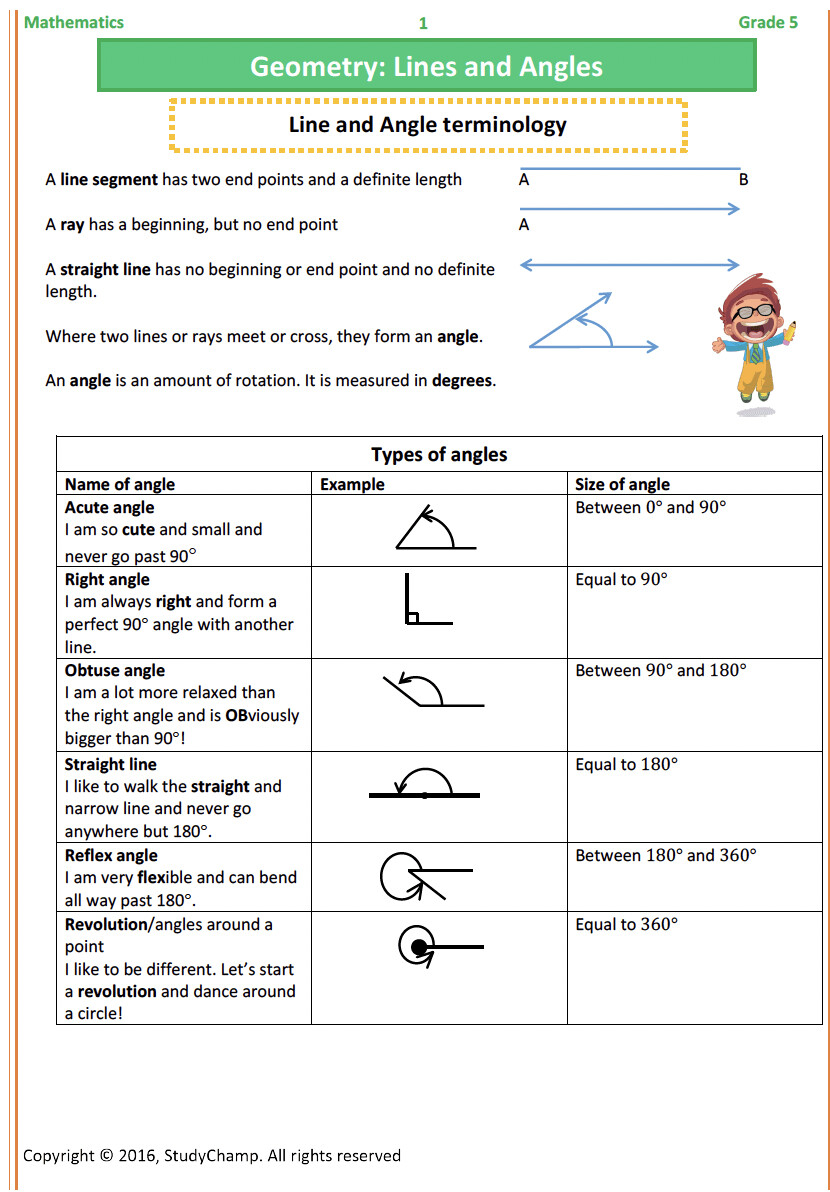 Grade 5 Mathematics Worksheet: Geometry - Lines and Angles - Worksheets ...