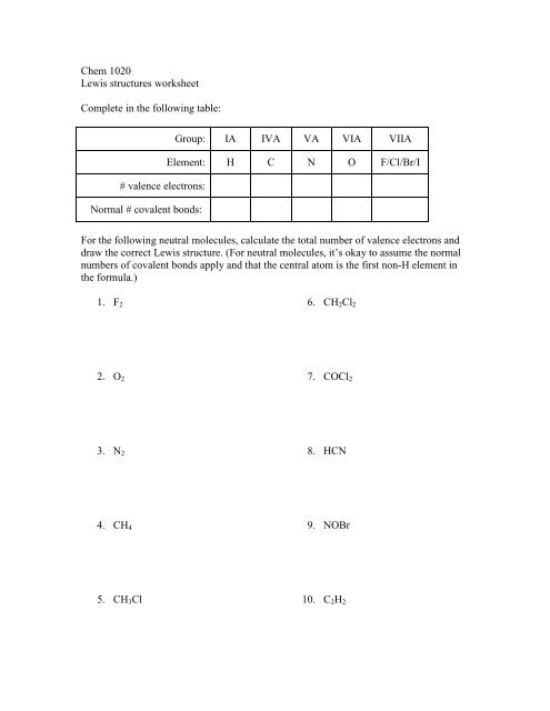 Covalent Bonding Using Lewis Dot Structures by Chemistry Wiz worksheets ...