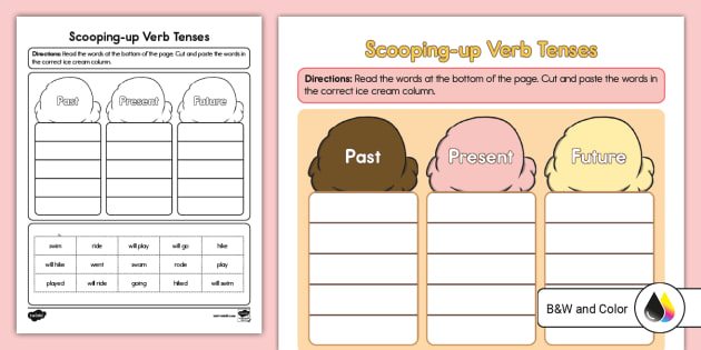 First Grade Scooping-up Verb Tenses Cut and Paste Activity - Worksheets ...