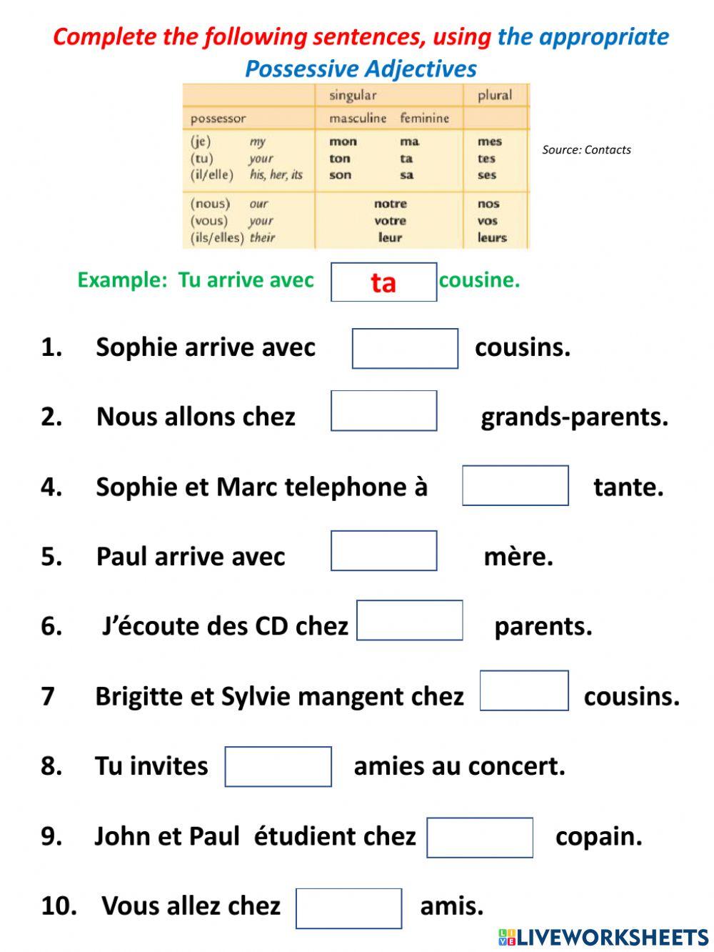 Free french possessive adjectives worksheet, Download Free french ...