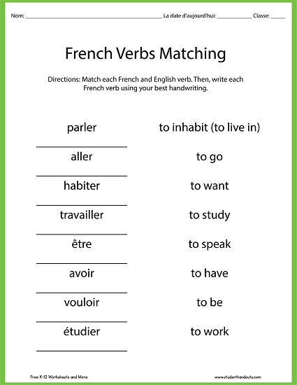 French Verbs Matching Worksheet | Student Handouts - Worksheets Library