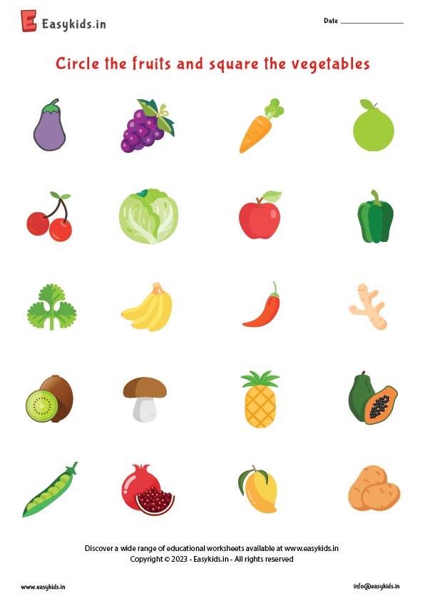 Circle the fruits and square the vegetables worksheet - Worksheets Library