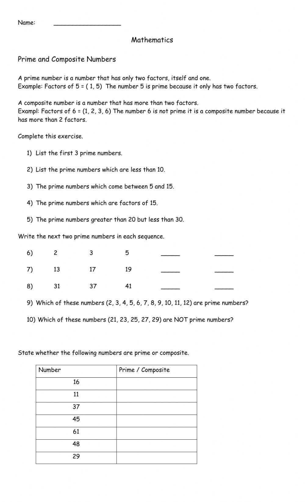 Prime and Composite Numbers worksheet | Live Worksheets - Worksheets ...