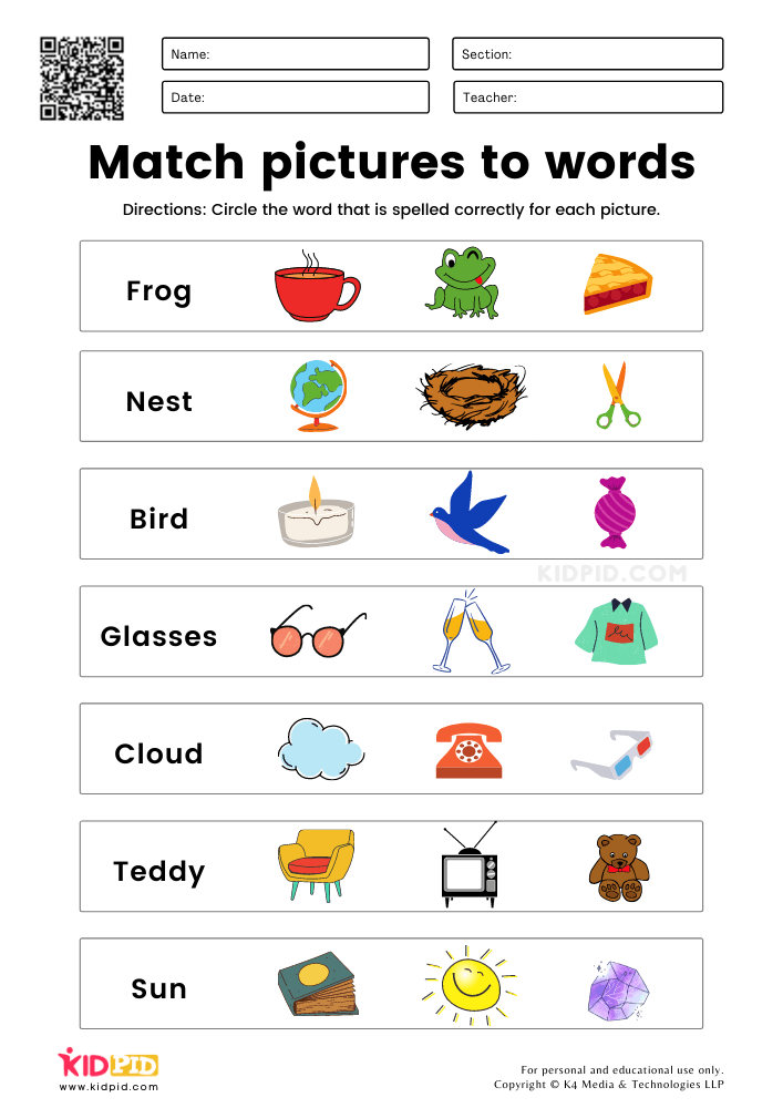 Match Picture to Word Worksheets for Grade 1 - Kidpid - Worksheets Library