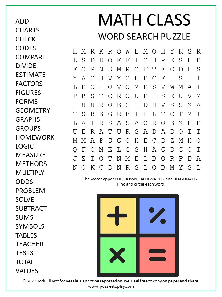 Math Class Word Search Puzzle - Puzzles to Play - Worksheets Library