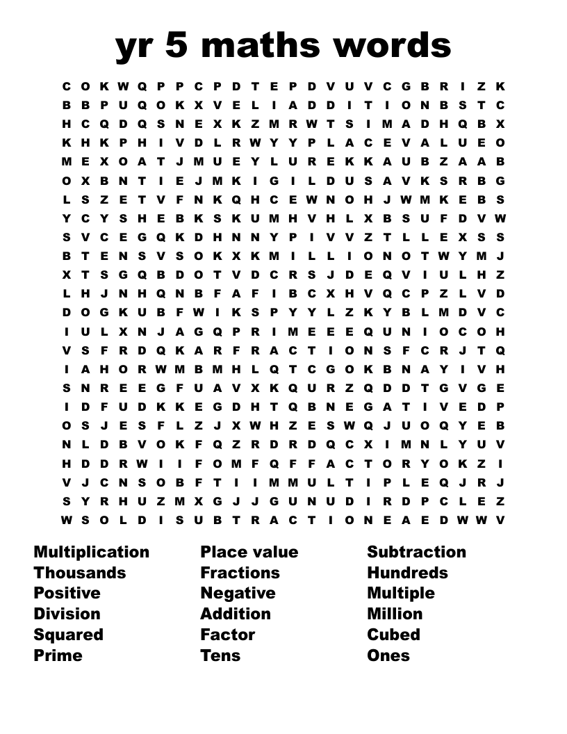 yr 5 maths words Word Search - WordMint - Worksheets Library