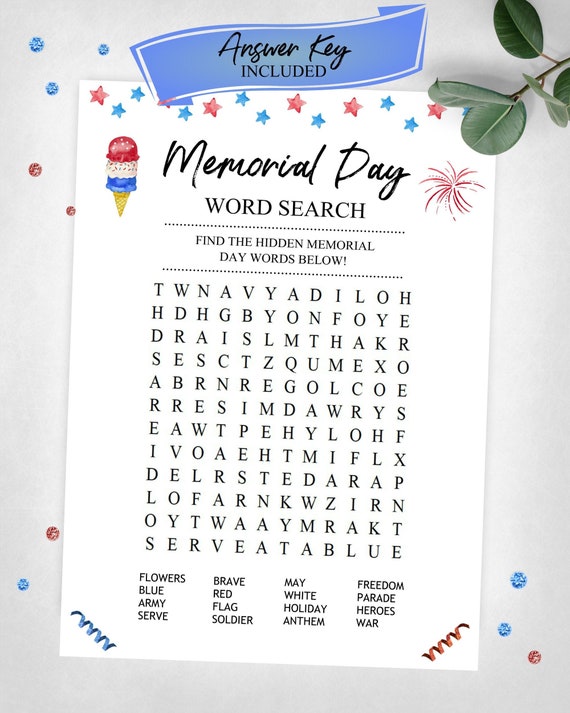 Memorial Day Word Search. Memorial Day Holiday Game. at Home Game ...