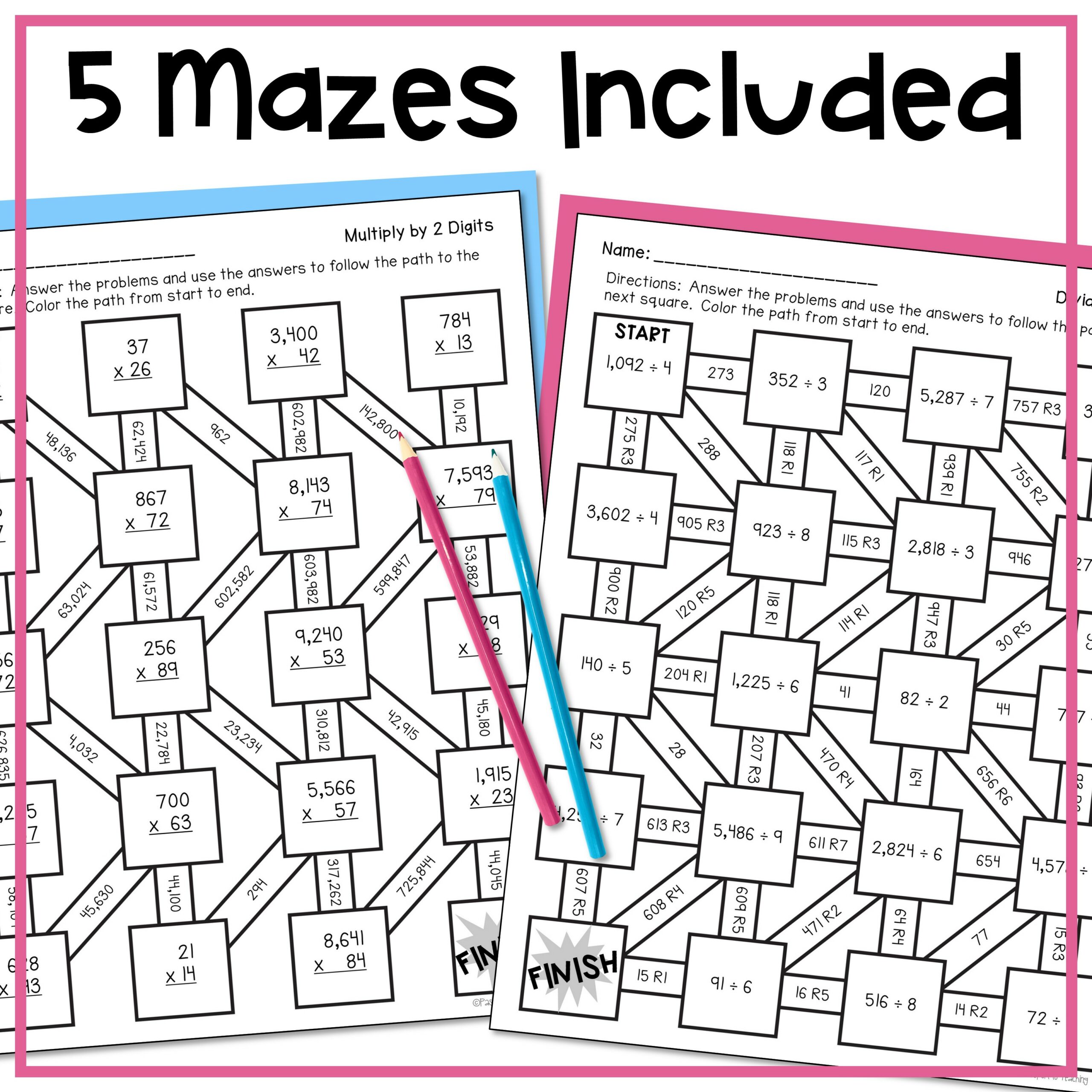 Multiplication and Division of Whole Numbers Math Maze Worksheets - 5th ...