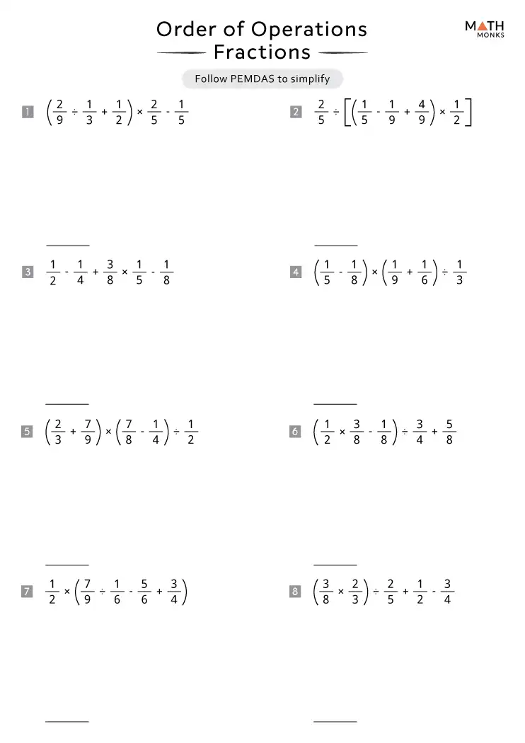 Order of Operations with Fractions Worksheets - Math Monks - Worksheets ...