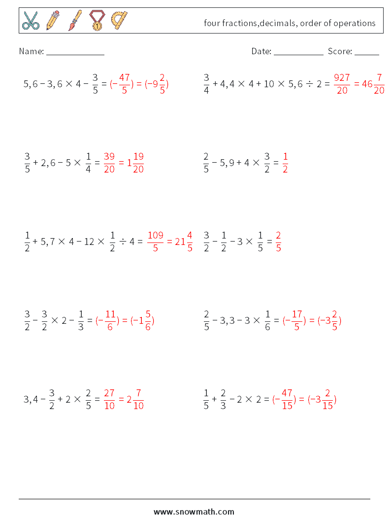 four fractions,decimals, order of operations Math Worksheets 2Math ...