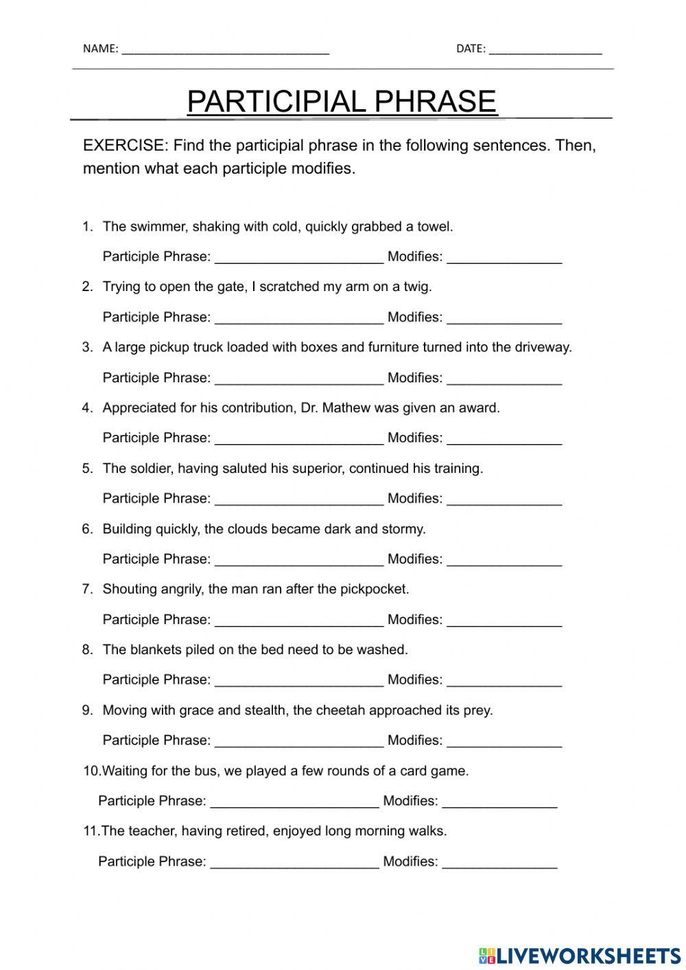 Participles and Participial Phrases - Free Worksheet - Worksheets Library