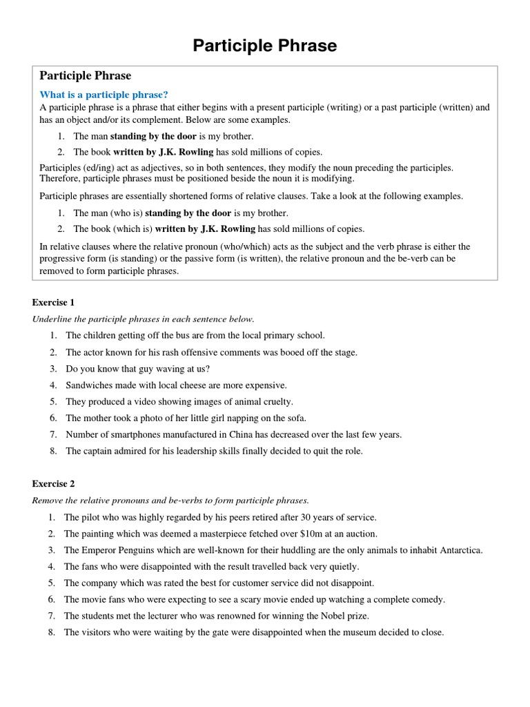 Participle Phrase Exercise | PDF | Verb | Linguistic Typology ...