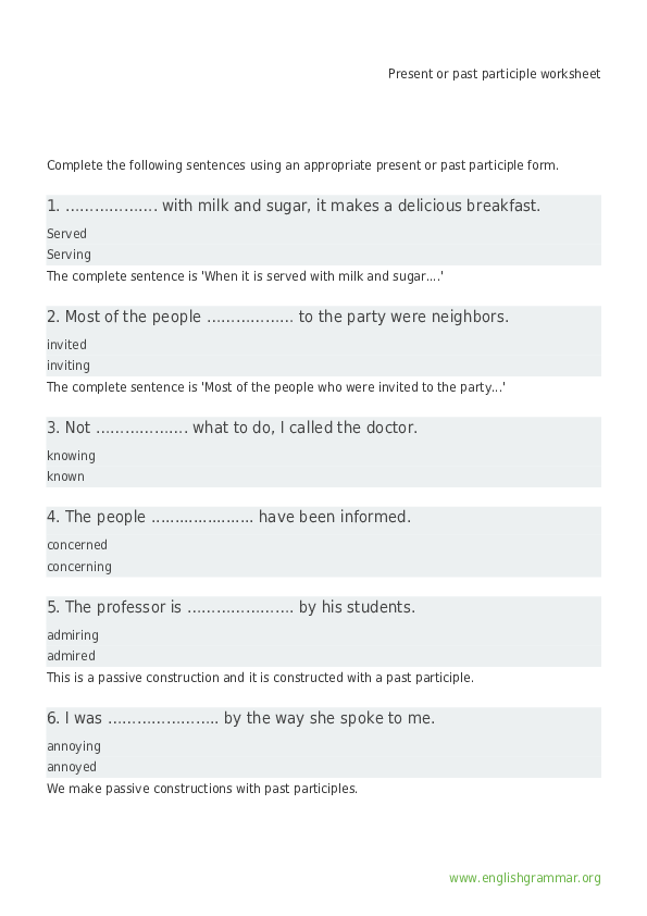 PDF) Present or past participle worksheet Complete the following ...